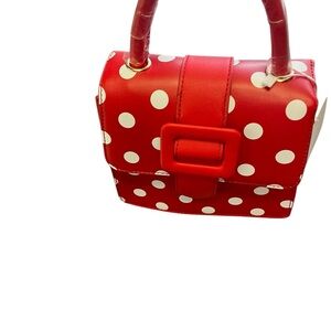 Red Polka Dot Mini Top-Handle Bag with Buckle Detail